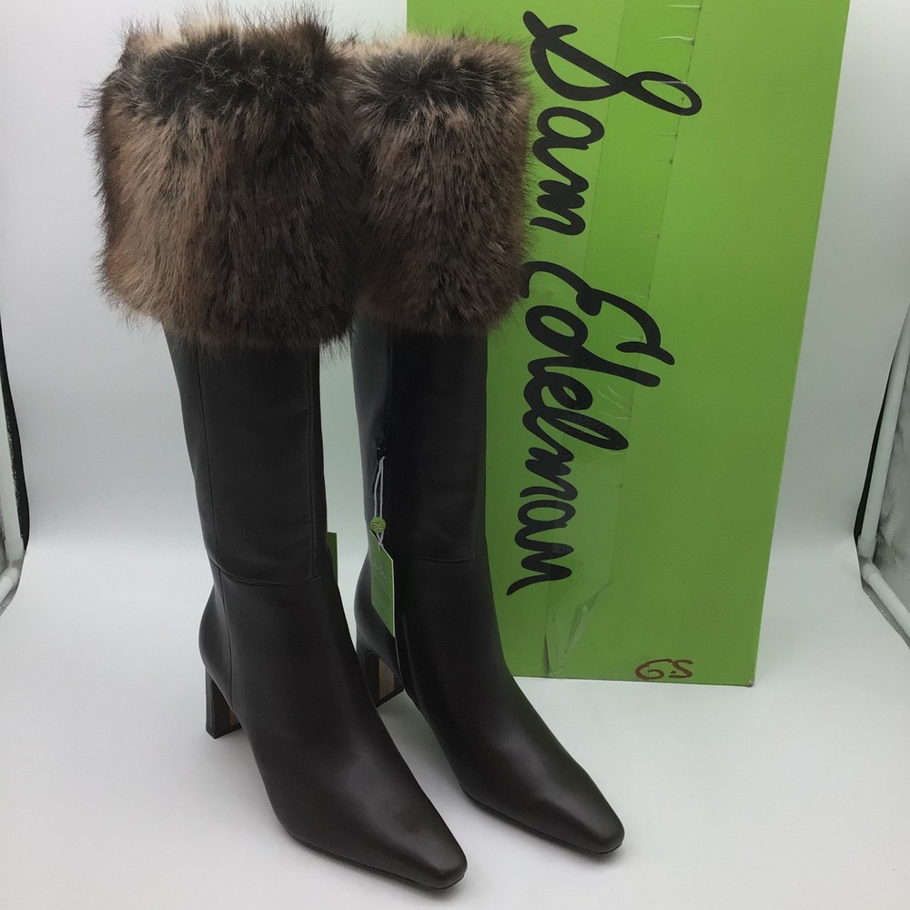 Sam Edelman Sylvia Cozy Leather Fur Trim Square Toe Tall Boots Size 7.5 M NEW